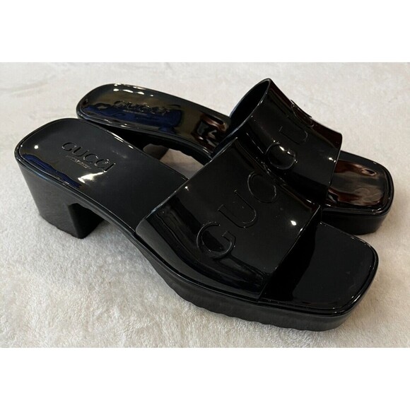 Gucci Nero Platform Black Glossy Rubber Slip On Slides Sandals Heels Size 7 37 - Picture 8 of 13